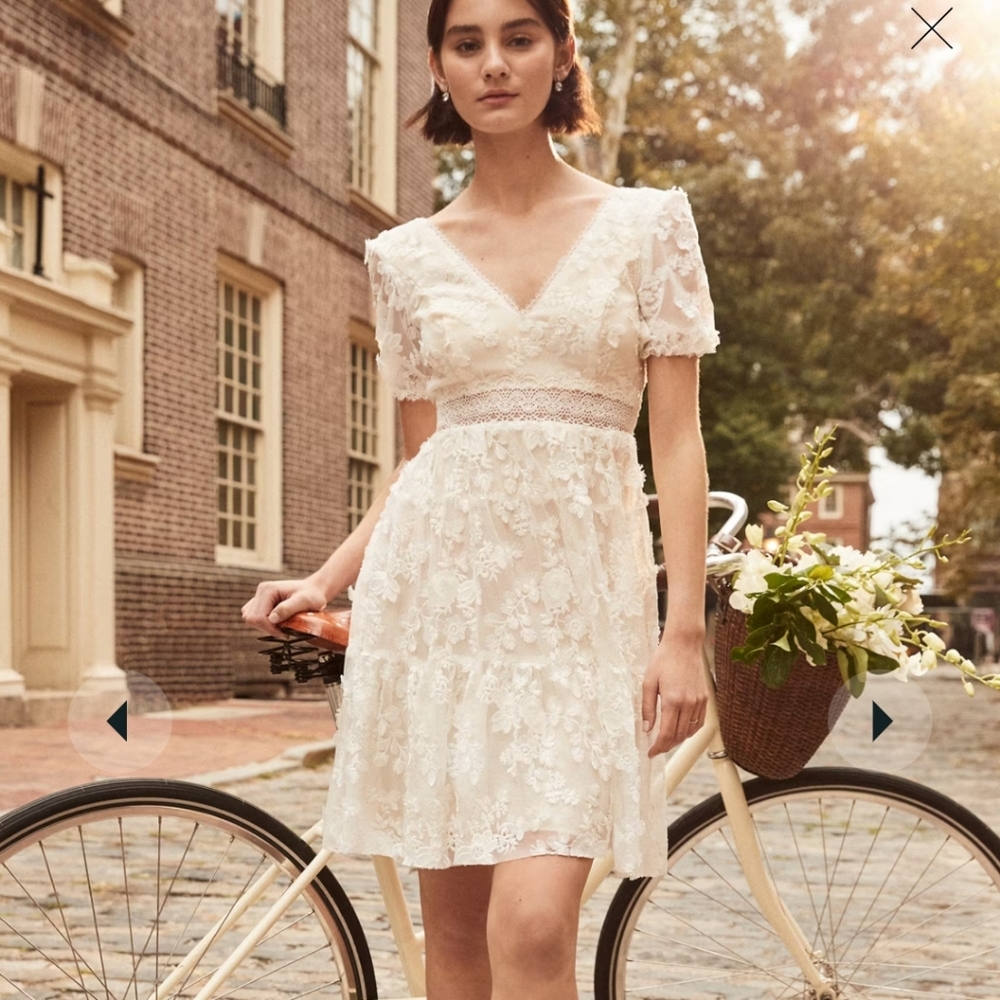 DB STUDIO 3d floral lace v-neck short dress soft white size 12